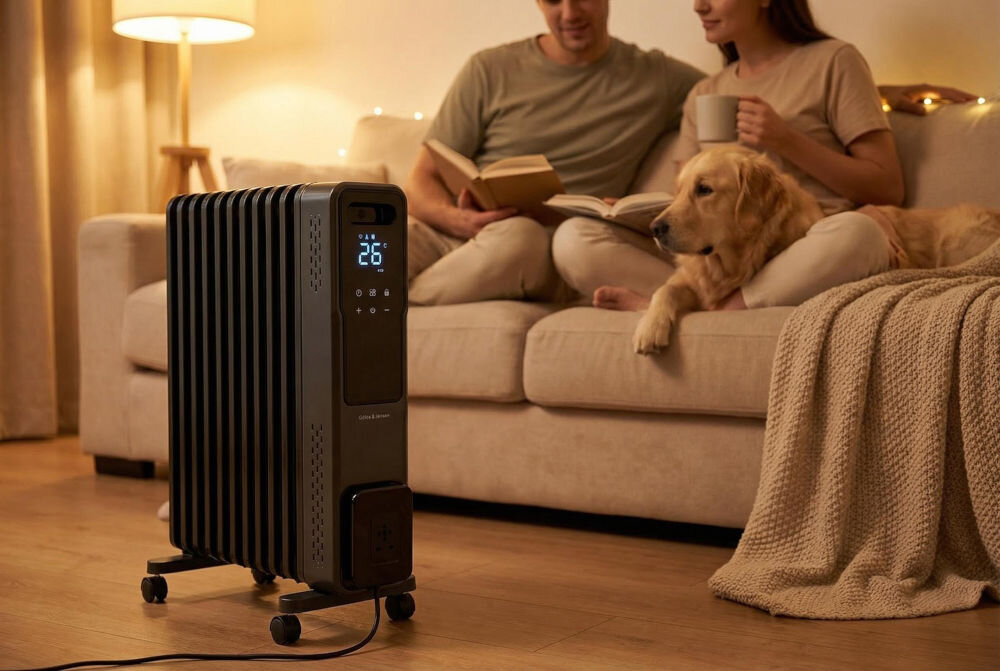 Grzejnik olejowy GÖTZE & JENSEN OH1101 Czarny grzejnik olejowy Götze & Jensen OH1101 stojący w przytulnym salonie, w tle para czytająca książki na kanapie z psem.