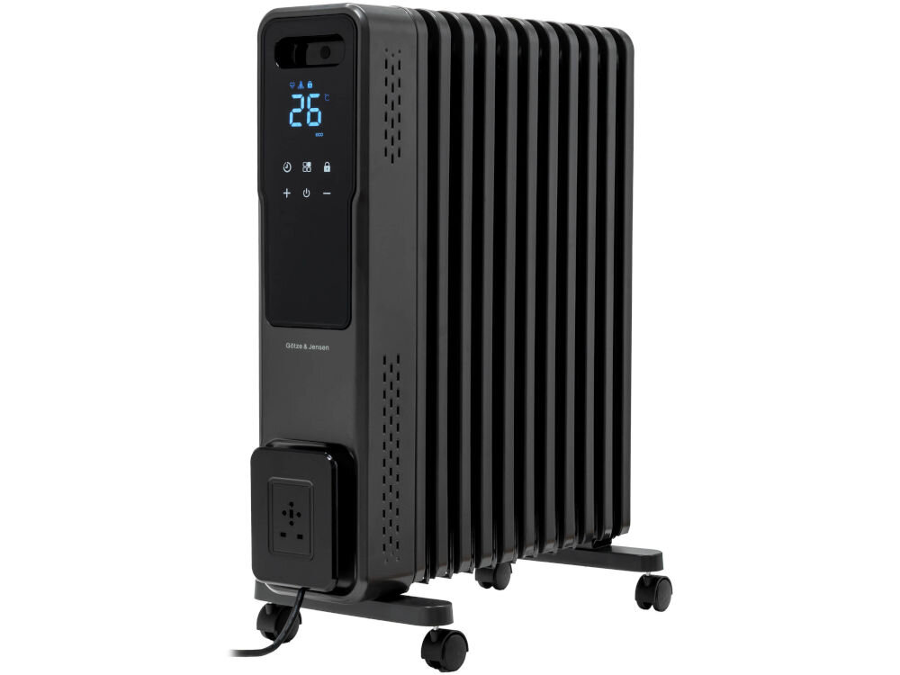 Grzejnik olejowy GÖTZE & JENSEN OH1101 Nowoczesny czarny grzejnik olejowy Götze & Jensen OH1101 na kółkach, pokazany pod kątem na białym tle.