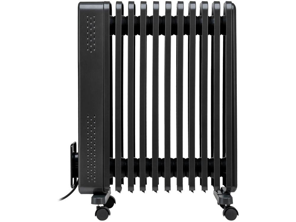 Grzejnik olejowy GÖTZE & JENSEN OH1101 Widok z boku na czarny grzejnik olejowy Götze & Jensen z widocznymi żeberkami i stabilnymi nóżkami na kółkach.