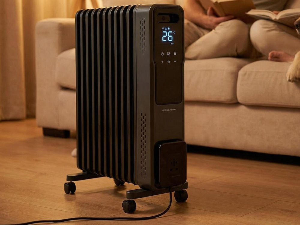 Grzejnik olejowy GÖTZE & JENSEN OH1101 Grzejnik olejowy Götze & Jensen OH1101 z włączonym wyświetlaczem temperatury, stojący na drewnianej podłodze w ciepło oświetlonym pomieszczeniu.