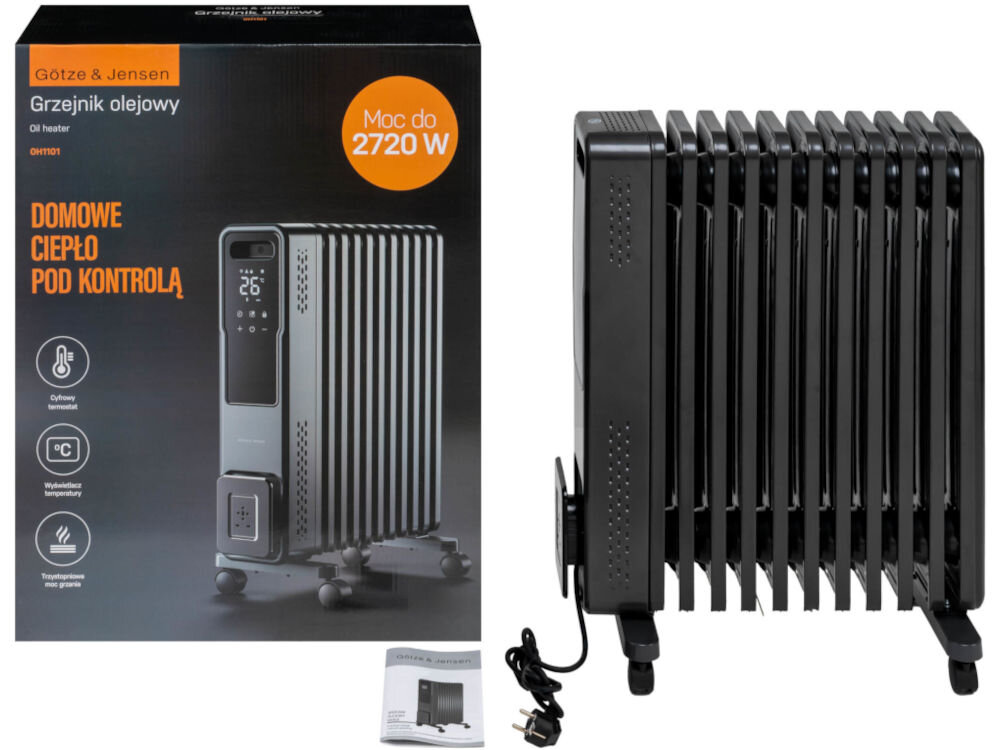 Grzejnik olejowy GÖTZE & JENSEN OH1101 Zestaw produktowy: grzejnik olejowy Götze & Jensen OH1101 o mocy 2720 W wraz z instrukcją obsługi i oryginalnym czarnym pudełkiem.
