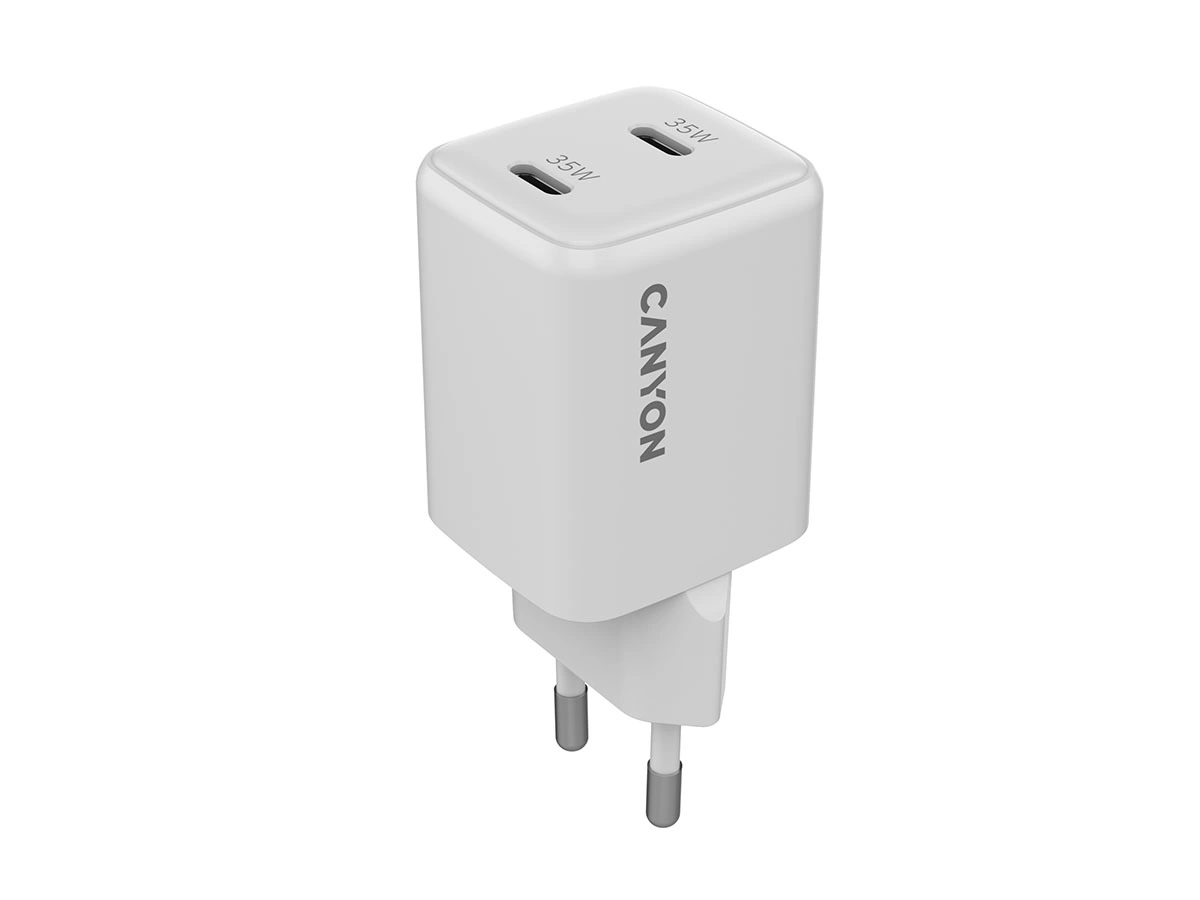 Biała ładowarka sieciowa z dwoma portami oznaczonymi jako 35W i logo \'CANYON\' na boku. Posiada wtyczkę do gniazdka elektrycznego.