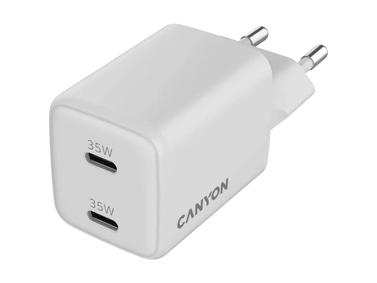 Biała ładowarka sieciowa z dwoma portami oznaczonymi jako 35W i logo \'CANYON\' na boku.