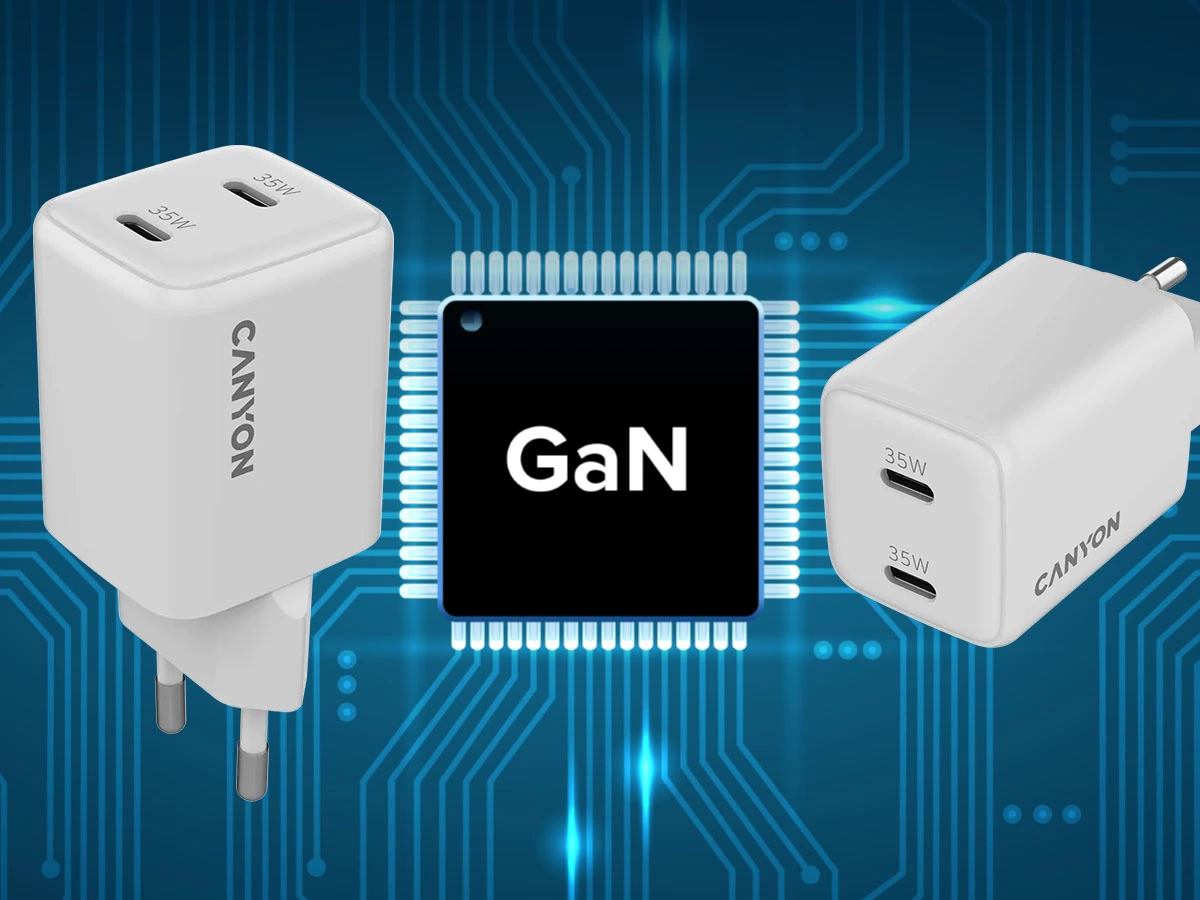 Obraz przedstawia dwie białe ładowarki sieciowe z logo \'CANYON\' i oznaczeniem \'35W\' przy portach. W tle widoczny jest symbol \'GaN\' na tle schematu elektronicznego.