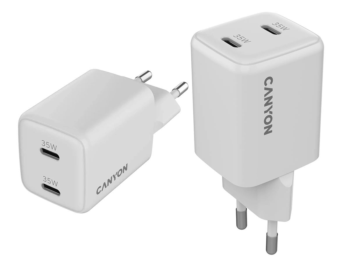 Biała ładowarka sieciowa z dwoma portami oznaczonymi jako 35W i logo \'CANYON\' na boku. Widoczne są dwa wtyki do gniazdka elektrycznego.