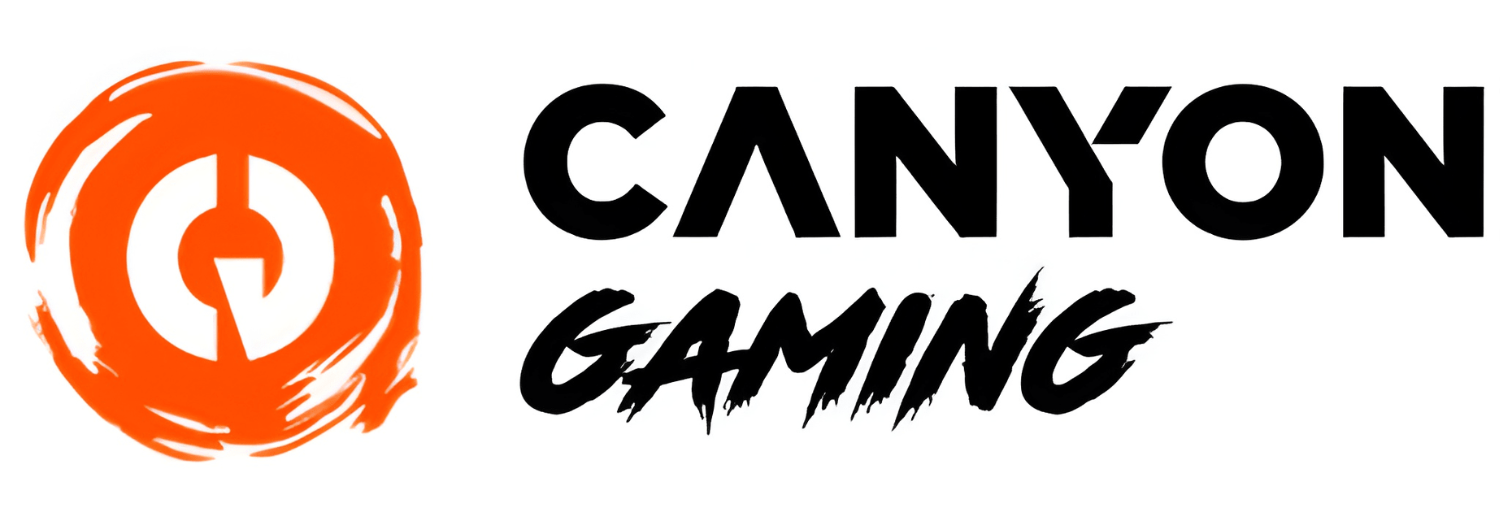 Logo z pomarańczowym okręgiem i białym symbolem wewnątrz, obok czarny napis \'CANYON GAMING\'.