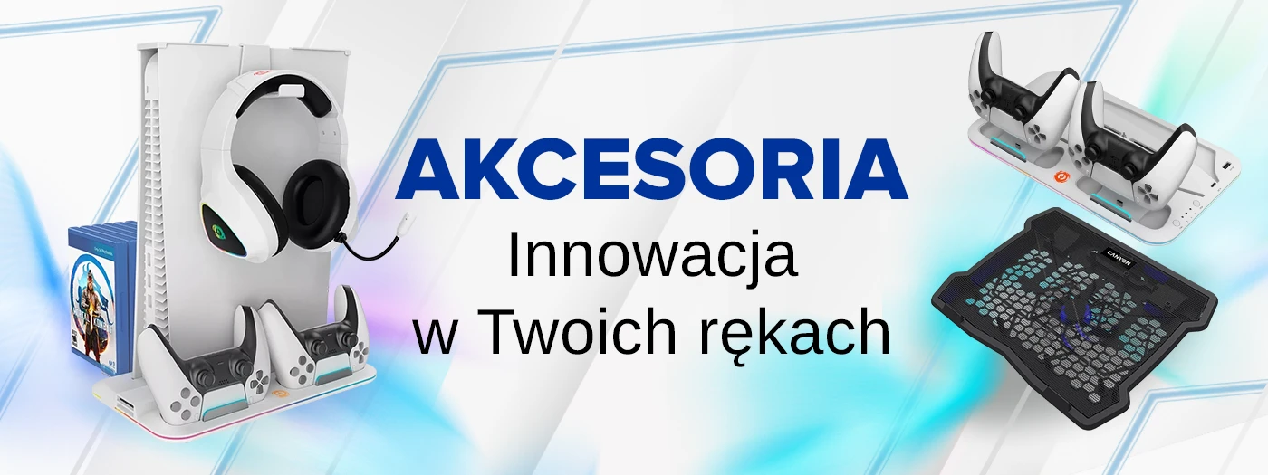 Obraz przedstawia różne akcesoria do konsoli, w tym stojak z miejscem na słuchawki i kontrolery oraz podstawki chłodzące. Na środku widoczny jest tekst: \'AKCESORIA Innowacja w Twoich rękach\'.