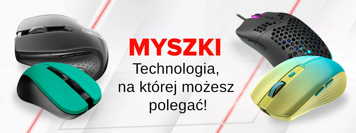 Obraz przedstawia cztery różne modele myszy komputerowych z logo \'Canyon\'. Na środku widnieje tekst: \'MYSZKI Technologia, na której możesz polegać!\'.