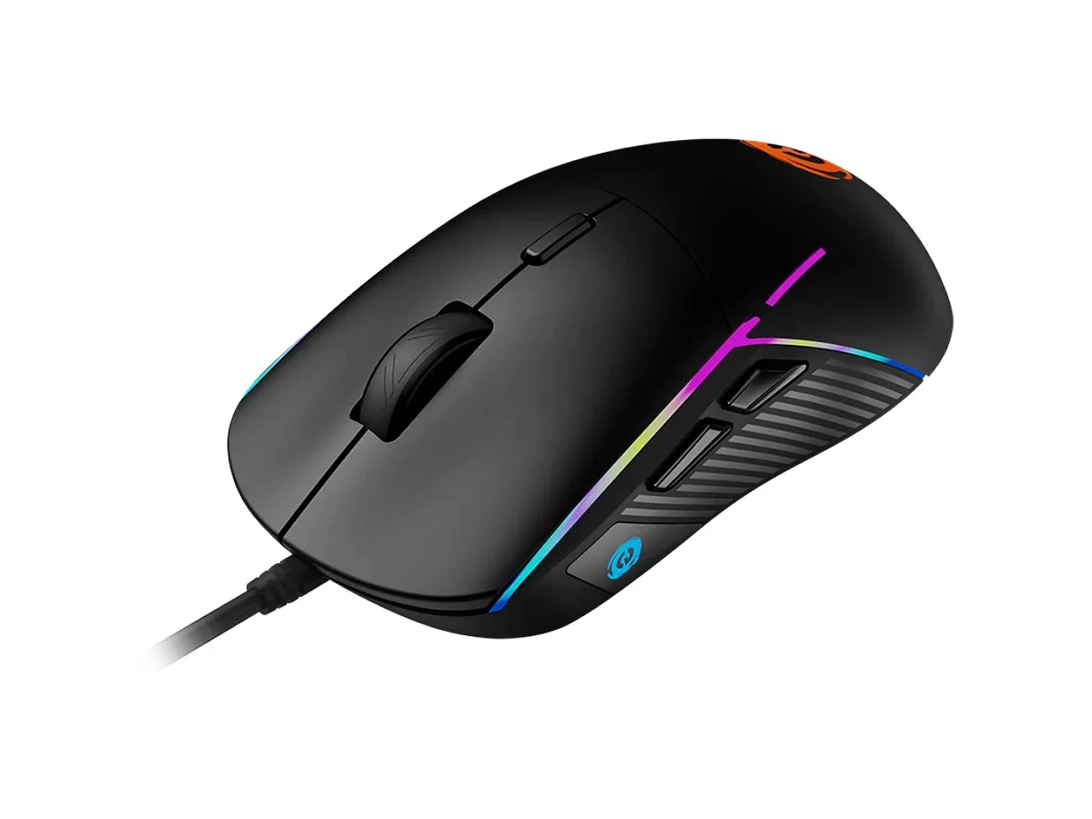 Czarna mysz gamingowa z sześcioma przyciskami i podświetleniem RGB. Na powierzchni widoczne są dwa boczne przyciski oraz logo producenta.
