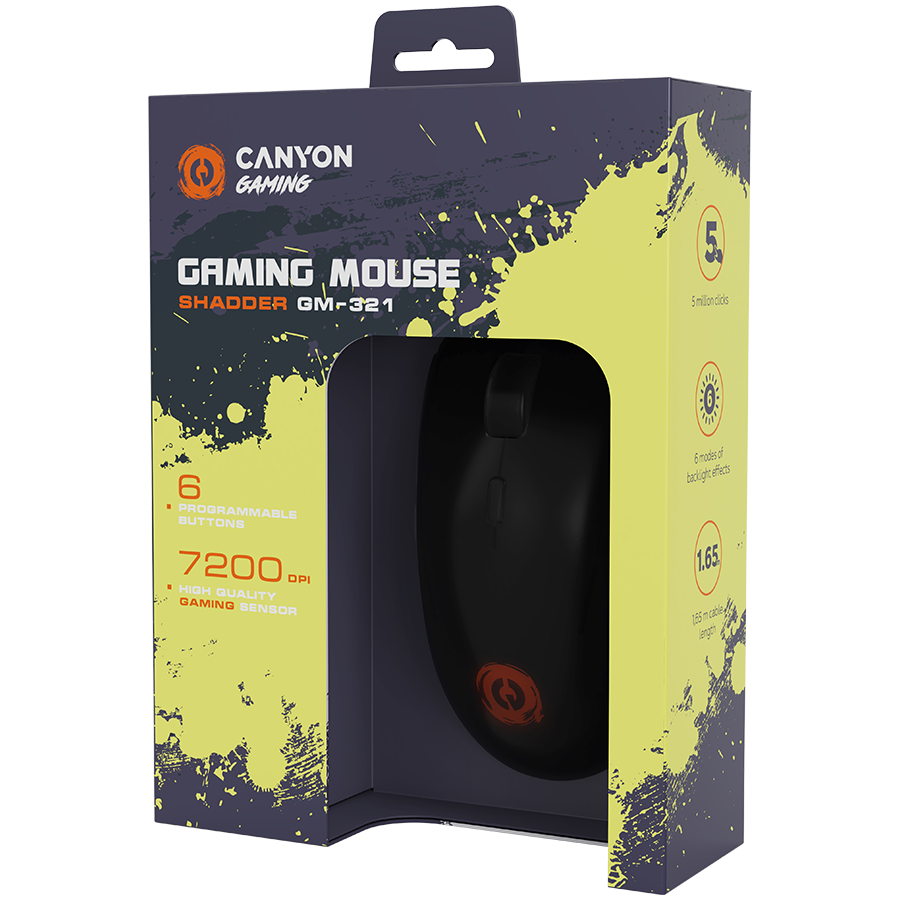 Opakowanie myszy gamingowej Canyon Shadder GM-321 z widocznym logo producenta i napisem: \'6 programmable buttons, 7200 DPI, high quality gaming sensor\'.