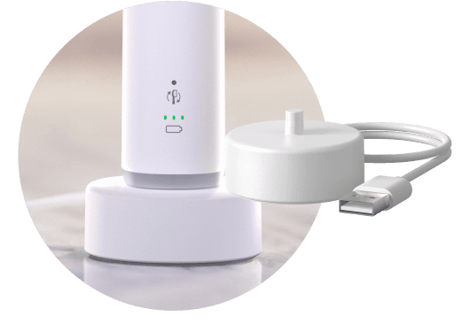 Szczoteczka umieszczona w podstawce ładującej. Obok znajduje się podstawka ładująca.