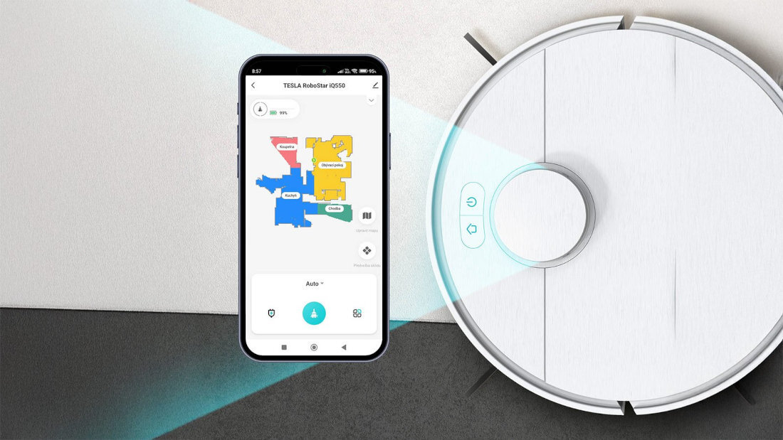 Robot sprzątający TESLA RoboStar iQ550 Nawigacja FASTtrack 5.0 – precyzyjne mapowanie system LiDAR skanuje pomieszczenia dokładne mapy trasa sprzątania unika przeszkód dostosowanie układ wnętrz czyszczenie zakamarki