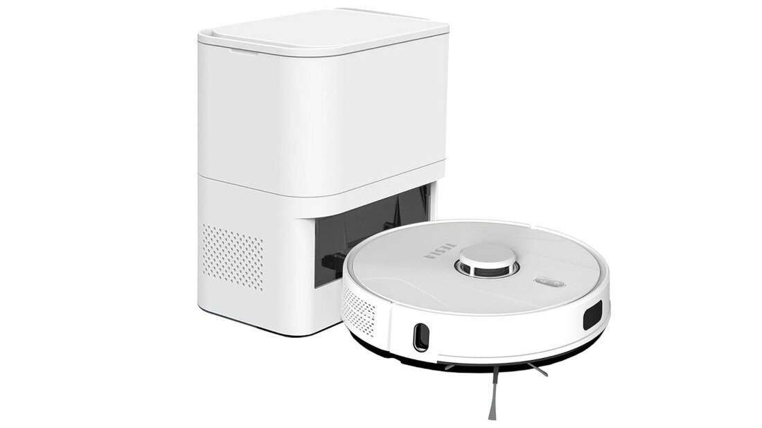Robot sprzątający TESLA RoboStar iQ700 Plus wraca do stacji bazowej automatycznie opróżnia zbiornik czas