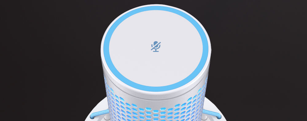 Mikrofon HYPERX QuadCast 2 Dwukierunkowy / Wielokierunkowy / Kardioidalny / Stereo Zbliżenie na górną część włączonego mikrofonu HyperX QuadCast 2, pokazujące podświetloną na niebiesko siatkę i pierścień LED wskaźnik LED personalizowane podświetlenie informacja o stanie pracy