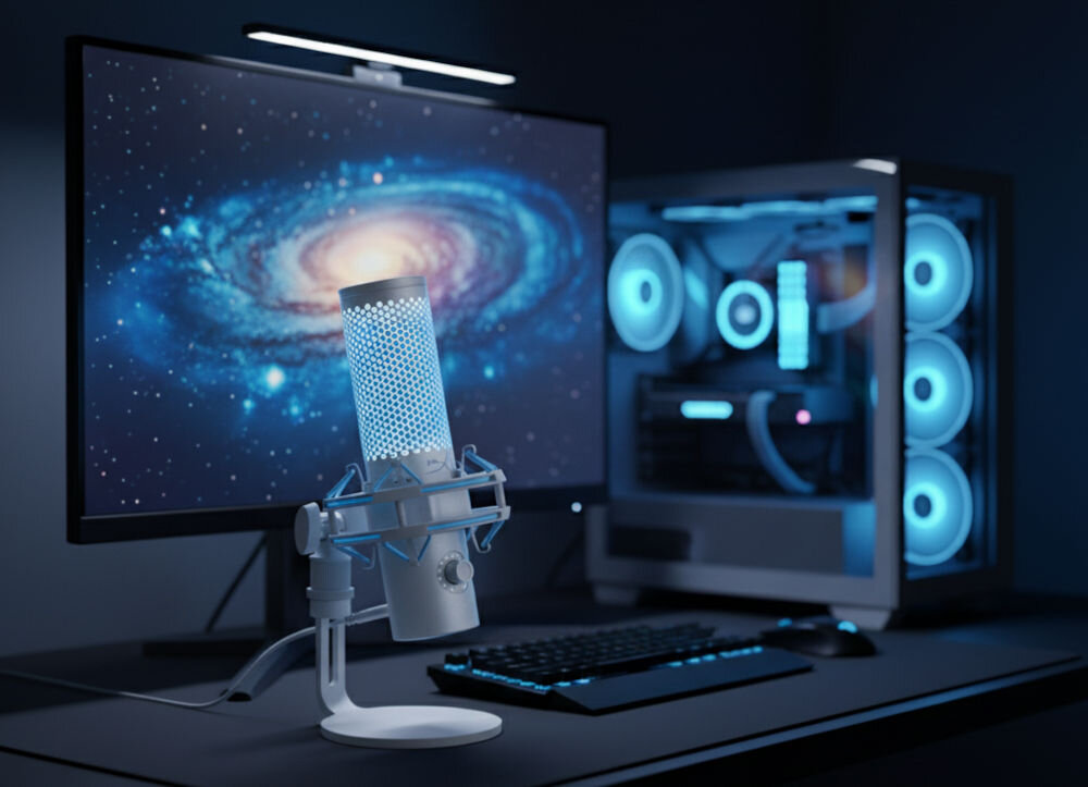 Mikrofon HYPERX QuadCast 2 Dwukierunkowy / Wielokierunkowy / Kardioidalny / Stereo Ujęcie pod kątem stanowiska gamingowego z białym mikrofonem HyperX QuadCast 2 na pierwszym planie. W tle widać monitor i obudowę komputera z niebieskim oświetleniem możliwość montażu na ramieniu z gwintem 3/8 lub 5/8 cala uchwyt pochłaniający drgania ochrona mocowanie do gwintów swoboda montażu