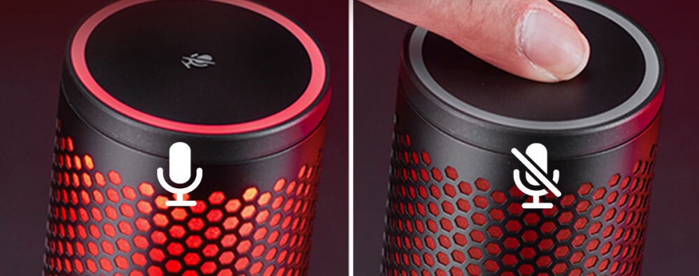 Mikrofon HYPERX QuadCast 2 Dwukierunkowy / Wielokierunkowy / Kardioidalny / Stereo Porównanie dwóch stanów mikrofonu: po lewej włączony z niebieskim podświetleniem, po prawej wyciszony przez dotknięcie palcem górnego czujnika czujnik wyciszania dotykiem uniknięcie przypadkowych dźwięków twórcy streamerzy