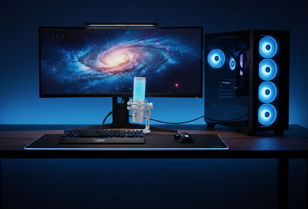 Mikrofon HYPERX QuadCast 2 Dwukierunkowy / Wielokierunkowy / Kardioidalny / Stereo Stanowisko gamingowe z białym mikrofonem HyperX QuadCast 2 na biurku, monitorem z tapetą galaktyki oraz komputerem PC z niebieskim podświetleniem LED w tle podświetlenie wyróżnienie aplikacja HyperX NGENUITY dostosowanie sposobu świecenia