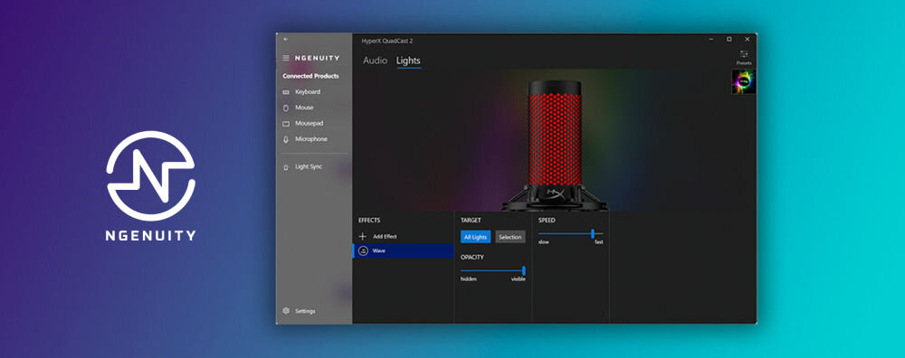 Mikrofon HYPERX QuadCast 2 Dwukierunkowy / Wielokierunkowy / Kardioidalny / Stereo Zrzut ekranu oprogramowania HyperX NGENUITY, pokazujący panel dostosowywania efektów świetlnych mikrofonu QuadCast 2 centrum zarządzania kontrola nad technicznymi aspektami