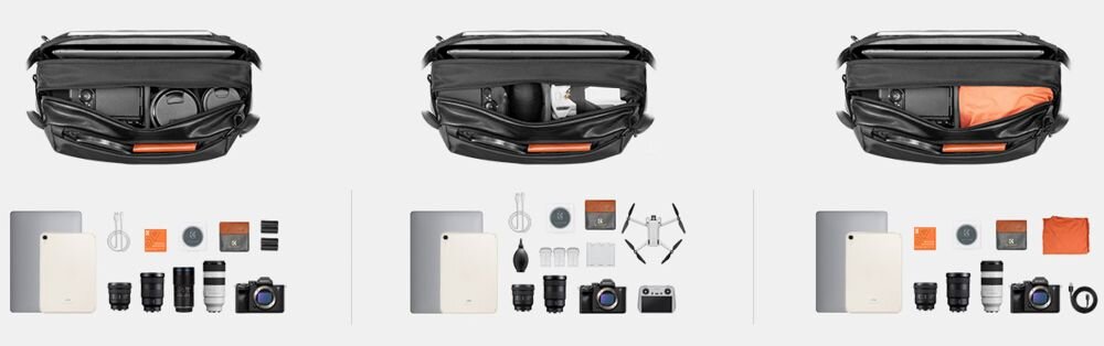 3 zdjęcia torby Urban Wander Sling 12 l od góry wyposażeniem. Pod torbami przedmioty, które można schować do torby