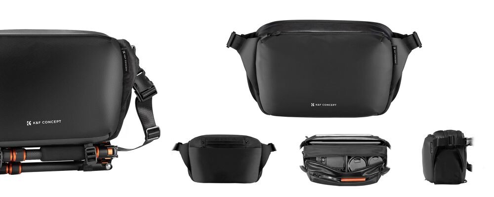 Kilka ujęć torby K&F Concept Urban Wander Sling z różnych stron. Na skrejnie lewym zdjęciu przytroczony do torby statyw.