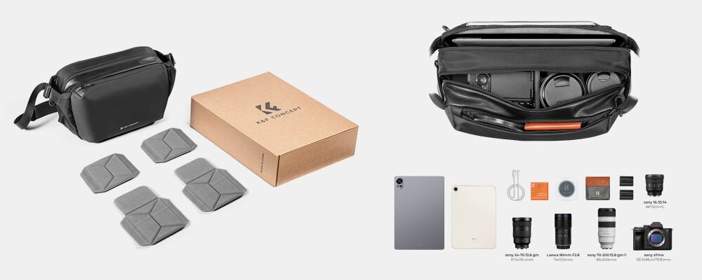 Torba K&F Concept Urban Wander Sling. Przed nią przegródki i karton, w który jest zapakowana. Obok zdjęcie z wyposażeniem