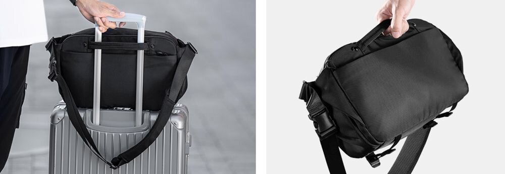 Po lewej torba K&F Concept Urban Wander Sling przymocowana do walizki trzymanej przez mężczyznę. Po prawej trzymana w dłoni