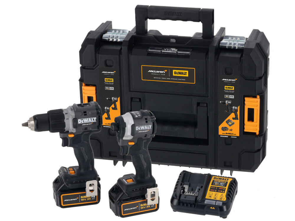 Zestaw elektronarzędzi DEWALT DCK200MM2T-QW zestaw na białym tle w zestawie wiertarko-wkrętarka udarową DEWALT DCD85M zakrętarka udarowa DEWALT DCF85M 2 akumulatory ładowarka walizka magnetyczny uchwyt do końcówek zaczep do paska dokumentacja