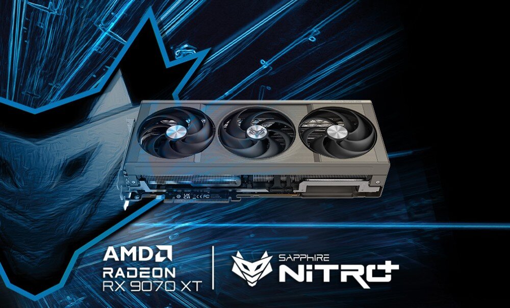 Karta graficzna SAPPHIRE Nitro+ Radeon RX 9070 XT OC 16GB Karta graficzna z trzema wentylatorami na tle pomarańczowo-czarnej grafiki z logiem AMD Radeon RX 9060 XT i SAPPHIRE Nitro+, opis
