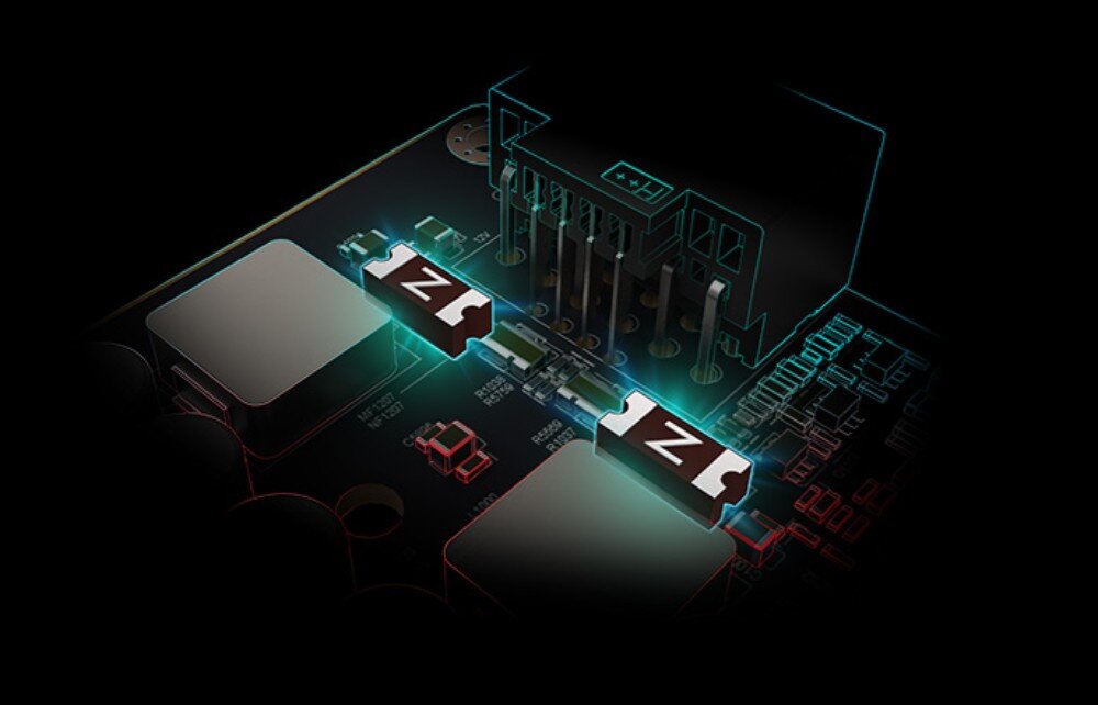 Karta graficzna SAPPHIRE Nitro+ Radeon RX 9070 XT OC 16GB Fragment płytki drukowanej z widocznymi kondensatorami i złączem zasilania PCIe, rozjaśniony w stylu technicznego szkicu, zasilanie, bezpieczniki