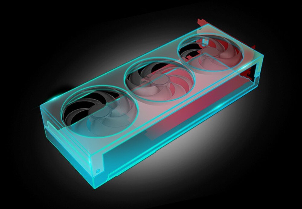 Karta graficzna SAPPHIRE Nitro+ Radeon RX 9070 XT OC 16GB Przezroczysty render karty graficznej pokazujący wewnętrzną konstrukcję z trzema wentylatorami, budowa, wytrzymałość, wspornik