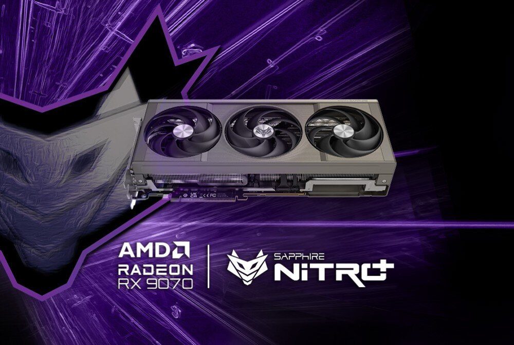Karta graficzna SAPPHIRE Nitro+ Radeon RX 9070 OC 16GB Karta graficzna z trzema wentylatorami na tle pomarańczowo-czarnej grafiki z logiem AMD Radeon RX 9060 XT i SAPPHIRE Nitro+, opis