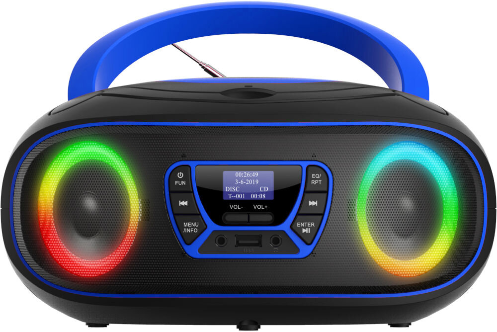 Radioodtwarzacz z niebieskim uchwytem i podświetlanymi głośnikami w kolorach tęczy. Na wyświetlaczu widoczny jest tekst: \'00:26:49, 3-6-2019, DISC - CD, T-001 00:08\'.