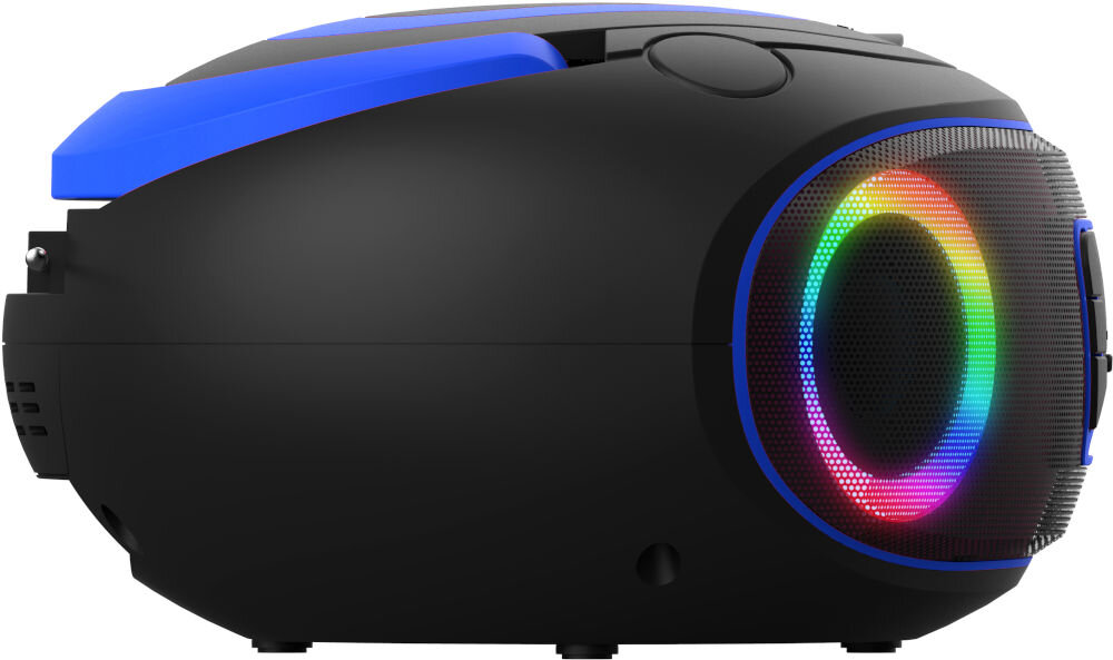 Czarny radioodtwarzacz z niebieskimi akcentami i okrągłym głośnikiem z efektem świetlnym w kolorach tęczy. Urządzenie ma zaokrąglony kształt i widoczne przyciski na górze.