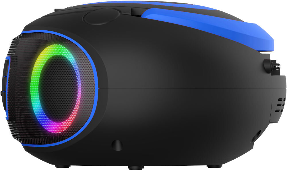 Czarny radioodtwarzacz z niebieskimi akcentami i kolorowym podświetleniem wokół głośnika. Urządzenie ma zaokrąglony kształt i widoczne elementy sterujące na górze.
