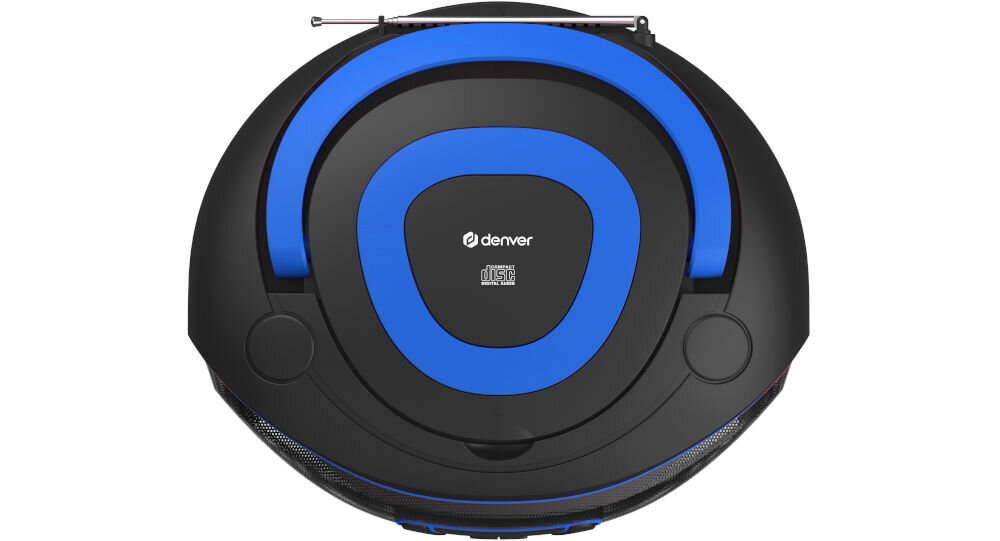 Obraz przedstawia okrągłe urządzenie w kolorze czarnym z niebieskimi elementami. Na środku widoczne jest logo \'denver\'.