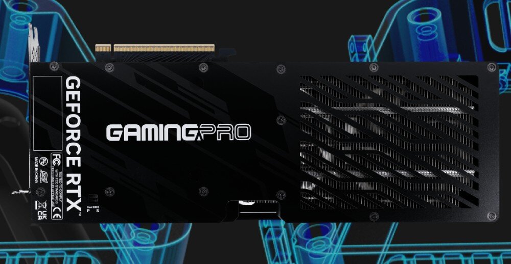 Karta graficzna PALIT GeForce RTX 5070 Ti GamingPro 16GB Widok tylnej części karty graficznej z metalowym backplate'em i logo GamingPro, z wycięciami wentylacyjnymi po prawej stronie, rama, konstrukcja, wytrzymałość
