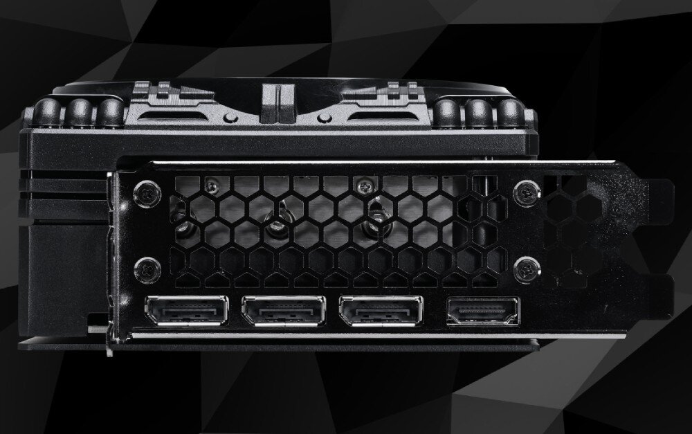 Karta graficzna PALIT GeForce RTX 5070 Ti GamingPro 16GB Tylny panel karty graficznej z widocznymi portami: trzy DisplayPort i jeden HDMI, otoczony metalową osłoną z otworami wentylacyjnymi, rozdzielczość, porty, gniazda