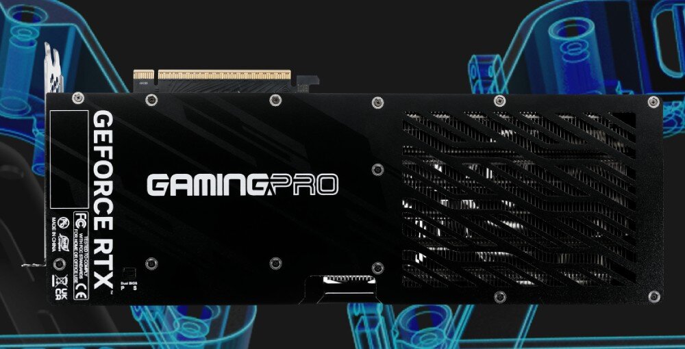 Karta graficzna PALIT GeForce RTX 5070 GamingPro OC 12GB Widok tylnej części karty graficznej z metalowym backplate'em i logo GamingPro, z wycięciami wentylacyjnymi po prawej stronie, rama, konstrukcja, wytrzymałość