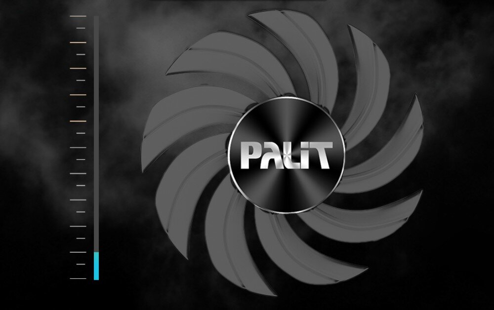 Karta graficzna PALIT GeForce RTX 5070 Infinity 3 12GB Zbliżenie na pojedynczy wentylator z logo 'Palit' na środku, po lewej stronie pionowy pasek z kolorową linią, system chłodzenia, wentylatory