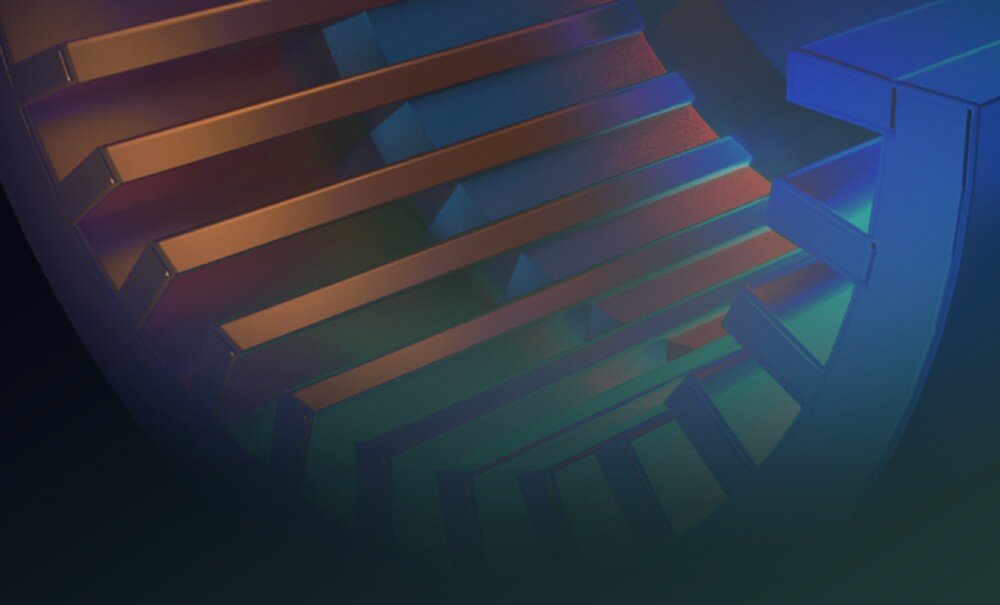 Karta graficzna PALIT GeForce RTX 5070 Infinity 3 12GB Fragment radiatora z metalowymi żeberkami w kolorach miedzi i niebieskiego światła w tle, odprowadzanie ciepła, radiator