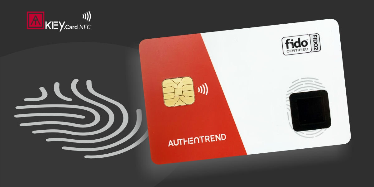 Karta zabezpieczająca AUTHENTREND ATKey.Card NFC Czarny Klucz bezpieczeństwa cyfrowego klucz na ciemnym tle z rysunkiem odcisku palca