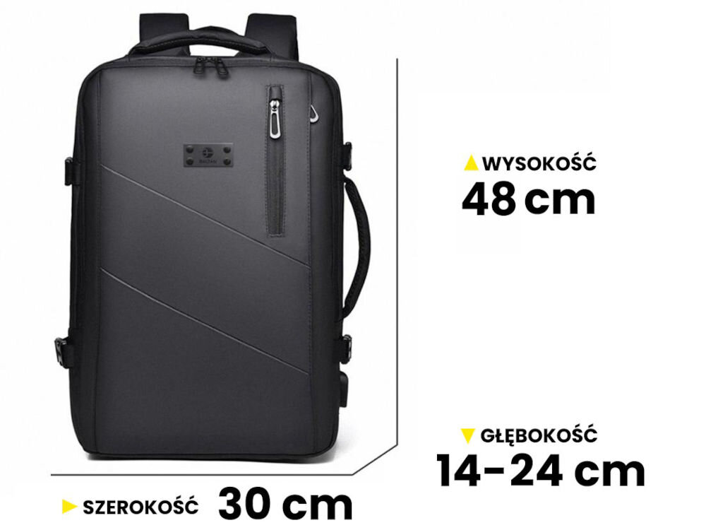 Plecak Adventure Baltan na białym tle z wymiarami wysokość 24 cm głębokość 14-28 cm szerokość 30 cm