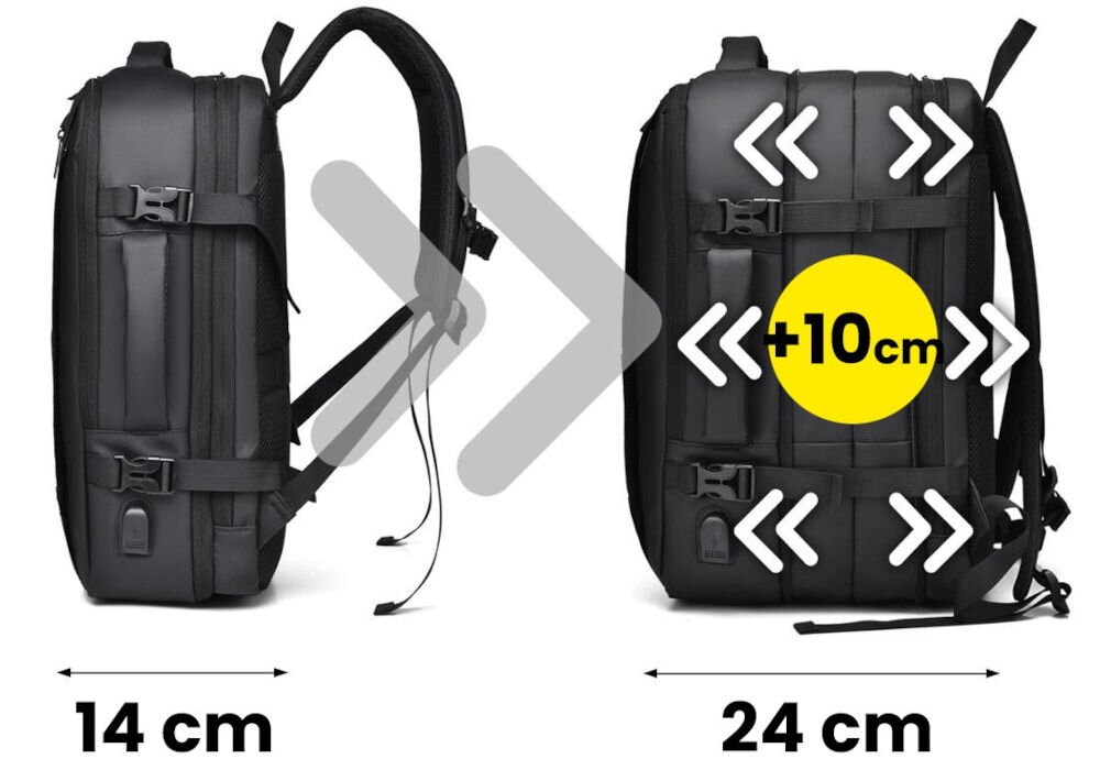 Plecak Adventure Baltan do połowy plecak przed i po rozpieciu 14 cm przed 24 cm po