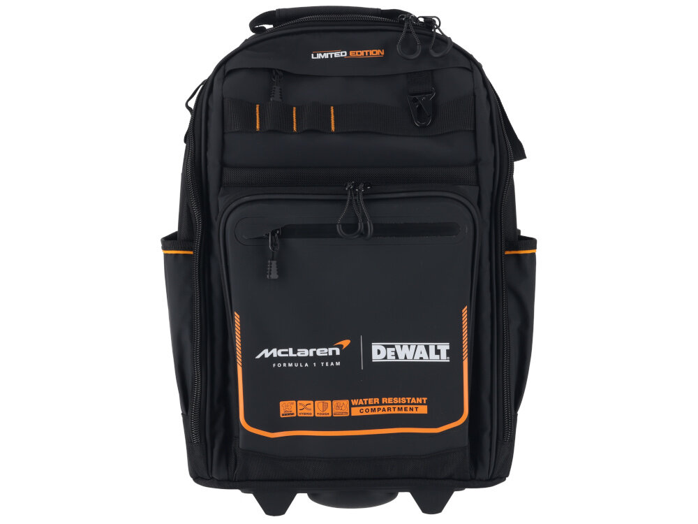 Plecak monterski DEWALT McLaren F1 DWST60101-9 plecak na białym tle widoczny od przodu ułatwi organizację i transport narzędzi mobilna forma liczne udogodnienia dla techników monterów i instalatorów wygoda porządek szybki dostęp do wyposażenia