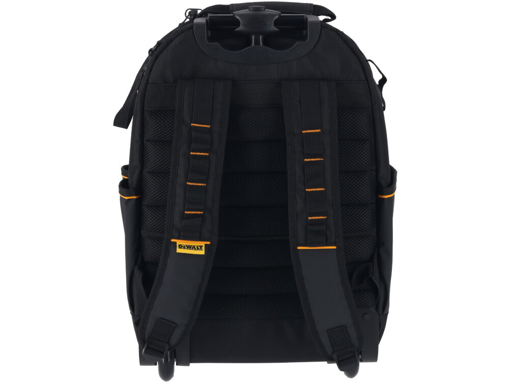 Plecak monterski DEWALT McLaren F1 DWST60101-9 plecak na białym tle widoczny tył plecaka szelki wyściełany ergonomiczny system podparcia pleców dobre dopasowanie do sylwetki komfort przez cały dzień wymiary 35 x 24 x 54 cm