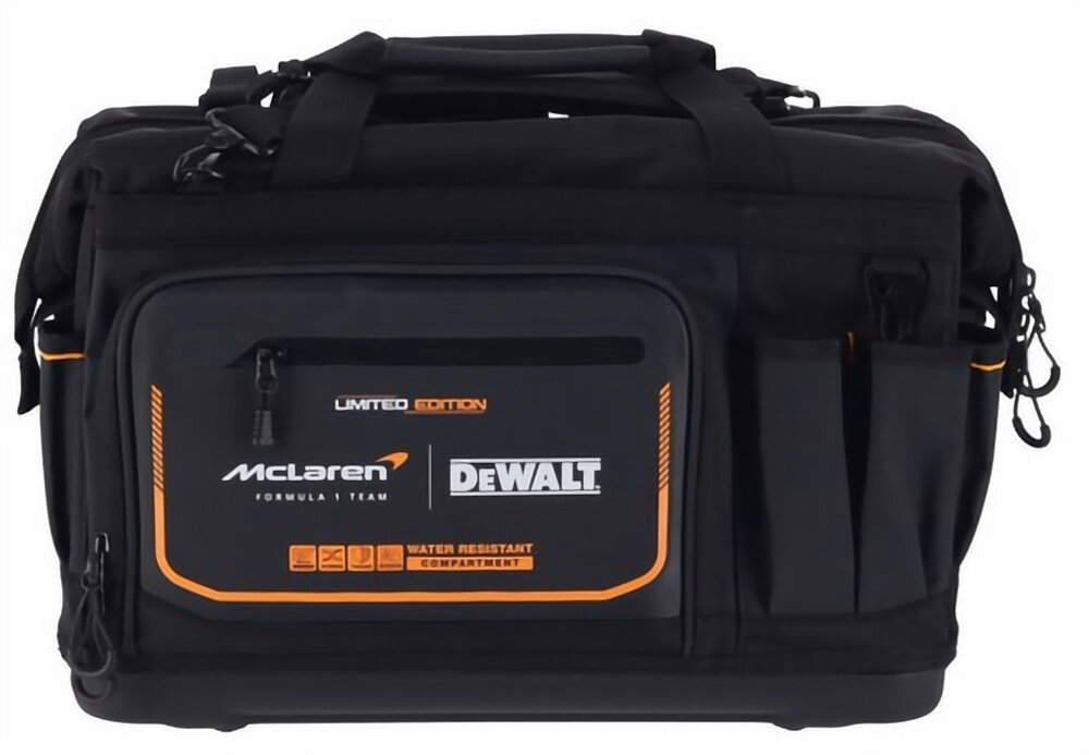 Torba narzędziowa DEWALT DWST60104-9 torba na białym tle widoczna od przodu szybki dostęp do narzędzi porządek w miejscu pracy do użytku w terenie w warsztacie organizacja wyposażenia dla specjalistów pracujących mobilnie dla monterów instalatorów serwisantów