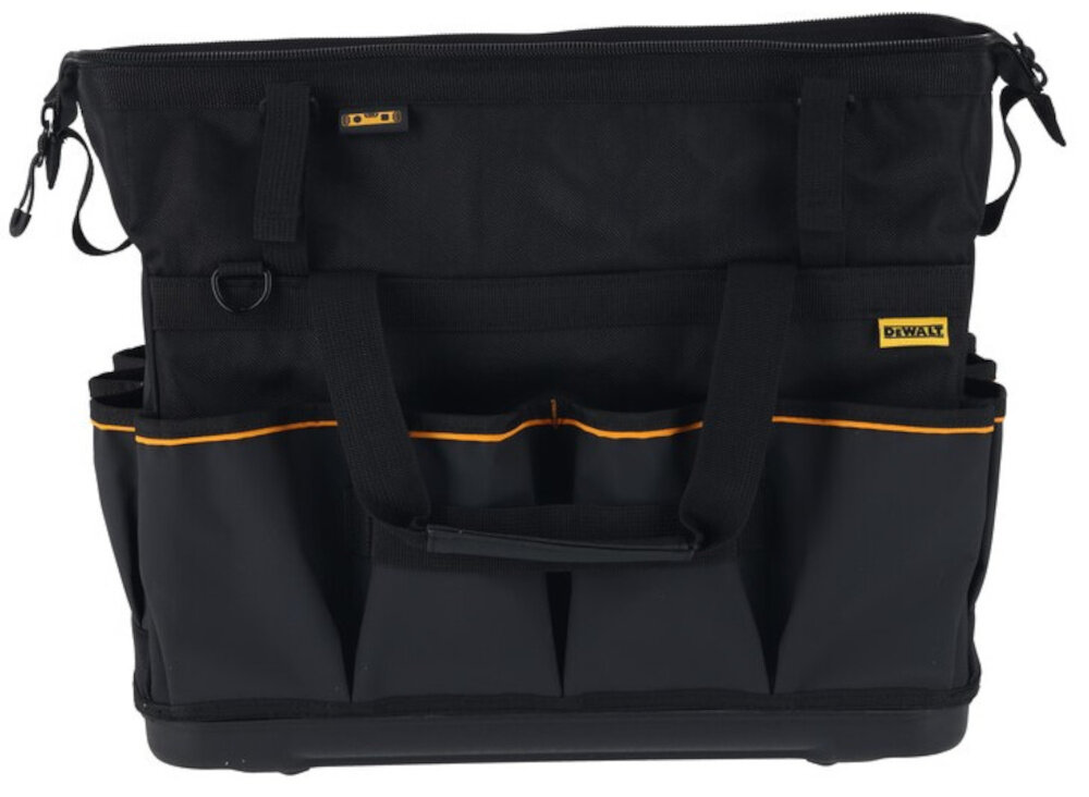 Torba narzędziowa DEWALT DWST60104-9 torba na białym tle widoczne kieszenie zewnętrzne główna komora torby jest wodoodporna spełnia normę IP54 chroni zawartość przed deszczem, kurzem i zabrudzeniem bezpieczne przechowywanie