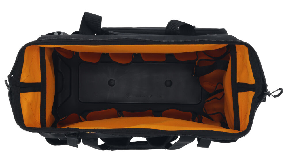 Torba narzędziowa DEWALT DWST60104-9 otwarta torba widok z góry zdjęcie na białym tle 33 indywidualne kieszenie osobne miejsce na laptopa przemyślany układ przegródek kontrola nad narzędziami płynność pracy