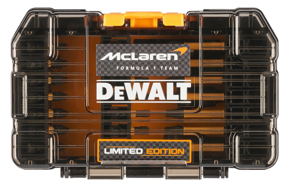 Zestaw bitów DEWALT McLaren DT70782-QZ 33 szt. zamknięte pudełko na białym tle końcówki FLEXTORQ elastyczna strefa skrętna ochrona bitów przed pęknięciem hartowana stal odporność na zużycie precyzyjne dopasowanie
