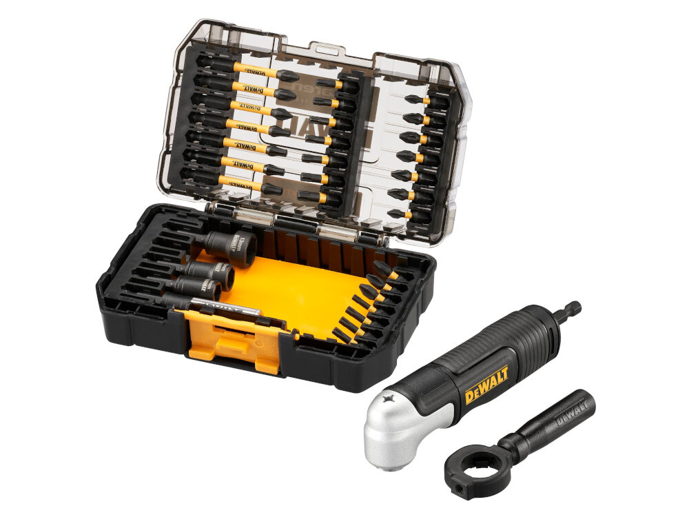 Zestaw bitów DEWALT McLaren DT70782-QZ 33 szt. zestaw na białym tle widoczny od przodu pod skosem w zestawie udarowa głowica kątowa, magnetyczny uchwyt do końcówek 3 klucze nasadowe 8 mm, 10 mm i 13 mm końcówki udarowe 57 mm FLEXTORQ PH1 x 1, PZ2 x 2, T20 x 1, T25 x 3 końcówki udarowe FLEXTORQ 25 mm PH1 x 1, PH2 x 3, PZ1 x 1, PZ2 x 5, T15 x 1, T20 x 5, T25 x 3, T27 x 1, T30 x 1 pudełko do przechowywania dokumentacja